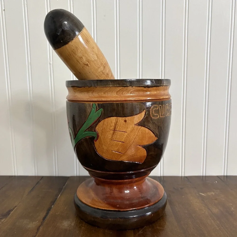 Vtg Hand Carved Wood Pilón Mortar & Pestle Set Curaçao Floral Folk Art Travel